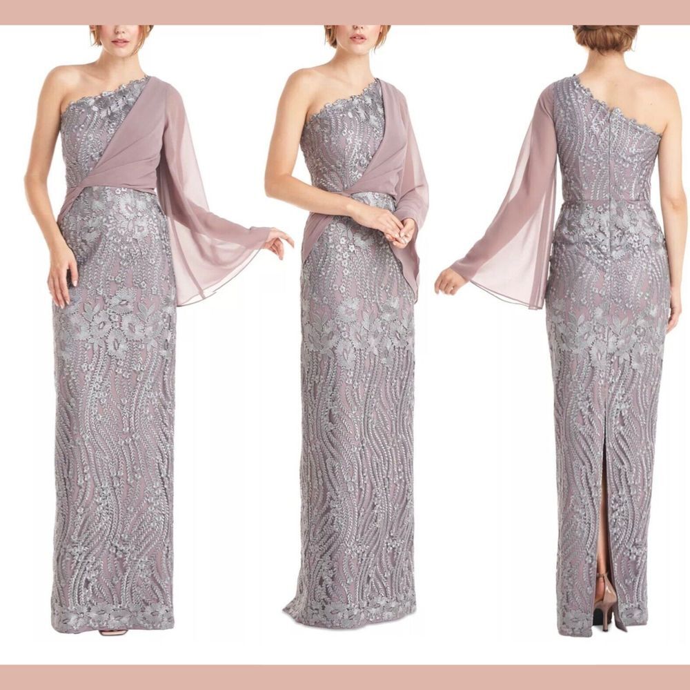 NEW $348 JS COLLECTIONS‎ [ 8 ] Amari One-shoulder Evening Gown In Steel #Q1054
